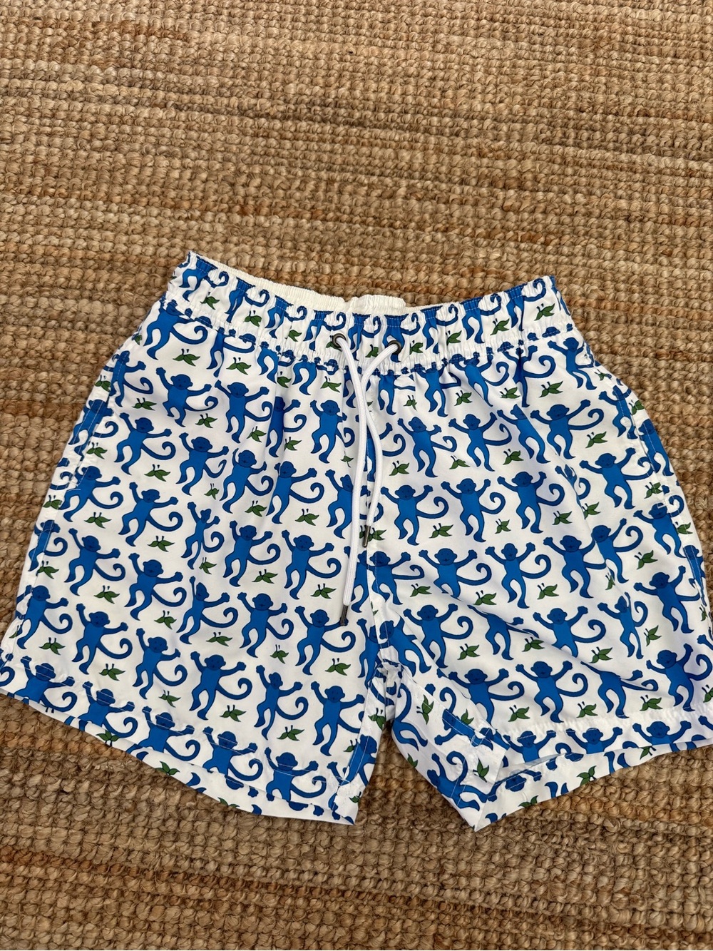 Roller Rabbit White Swim Trunks with Blue Monkey Print